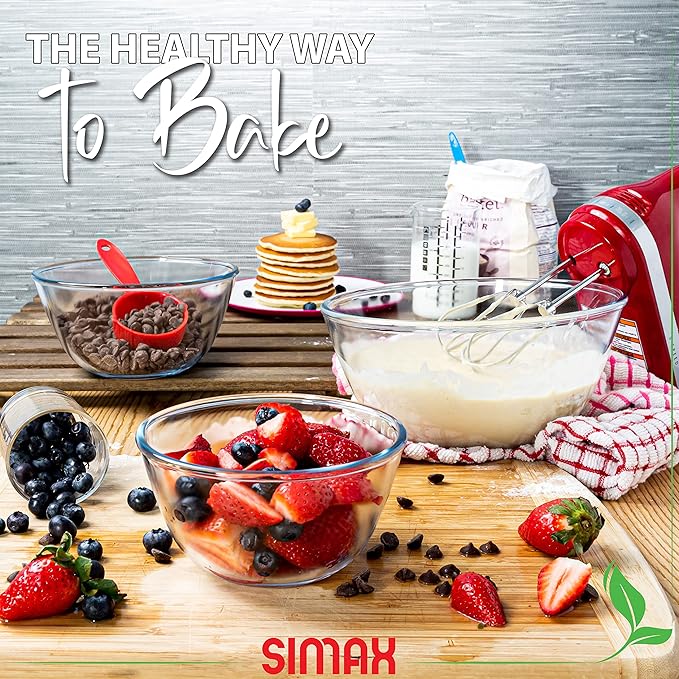 SIMAX Glass Mixing Bowls Set: Borosilicate Glass Mixing Bowls - Microwave, Oven & Dishwasher Safe - 3 Piece Set (2 Cup, 5.5 Cup, 10.5 Cup)