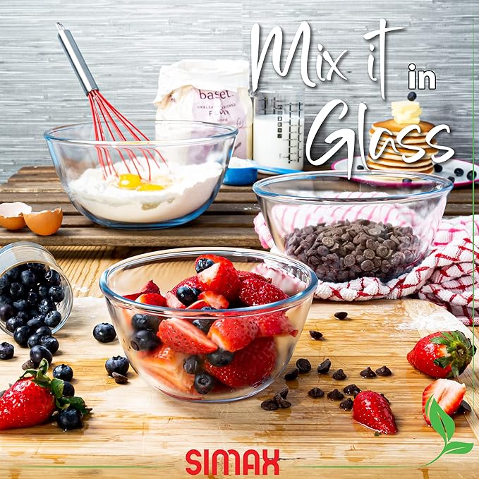 SIMAX Glass Mixing Bowls Set: Borosilicate Glass Mixing Bowls - Microwave, Oven & Dishwasher Safe - 3 Piece Set (2 Cup, 5.5 Cup, 10.5 Cup)