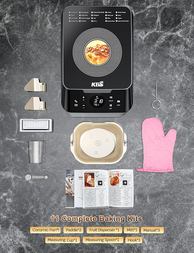 KBS 3LB Programmable Bread Maker,20-in-1 Automatic Bread Machine with Ceramic Pan & Fruit Dispenser, 850W Dual Heaters Bread Maker Machine with Quiet Brushless Motor,Stainless Steel,15H Timer,3 Colors