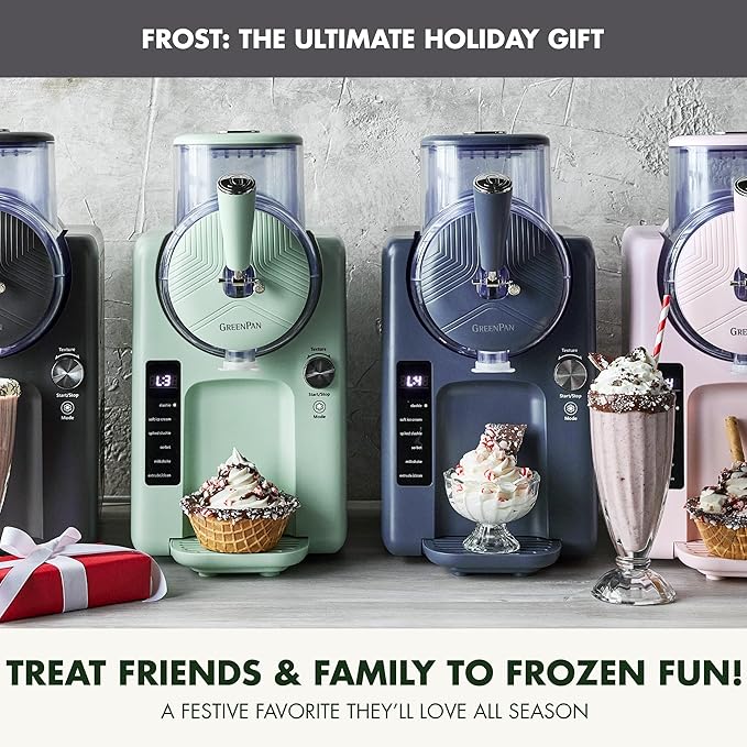 GreenPan Frost Ice Cream Maker & Slushie Machine, Soft Serve, Sorbet, Margaritas, Milkshakes, Frozen Yogurt, No Pre-Freezing, Ready in 15 Mins, 6 Modes, 7 Textures, Self-Cleaning, Family Size, Gray