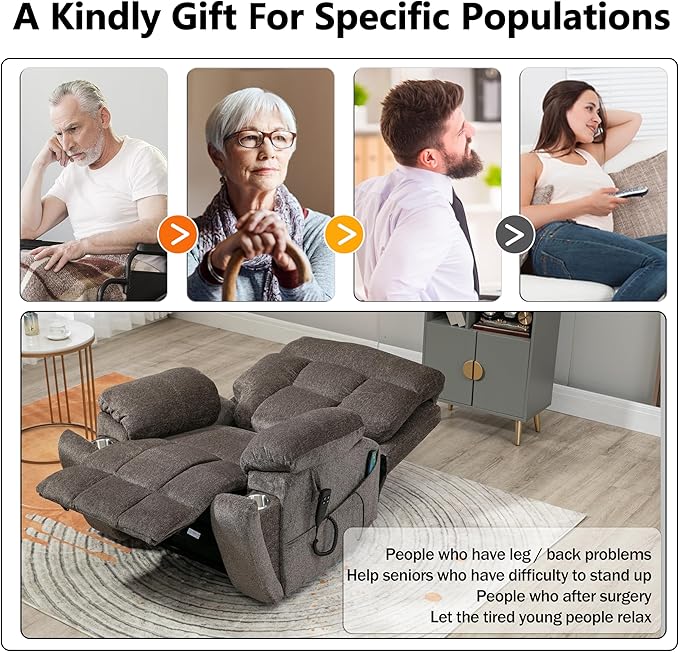 Dual Motor Power Lift Recliner Chair with Massage Heating for Adults Elderly, Electric Lift Chairs Lay Flat Recliners, Infinite Position, 2 Hidden Cup Holders