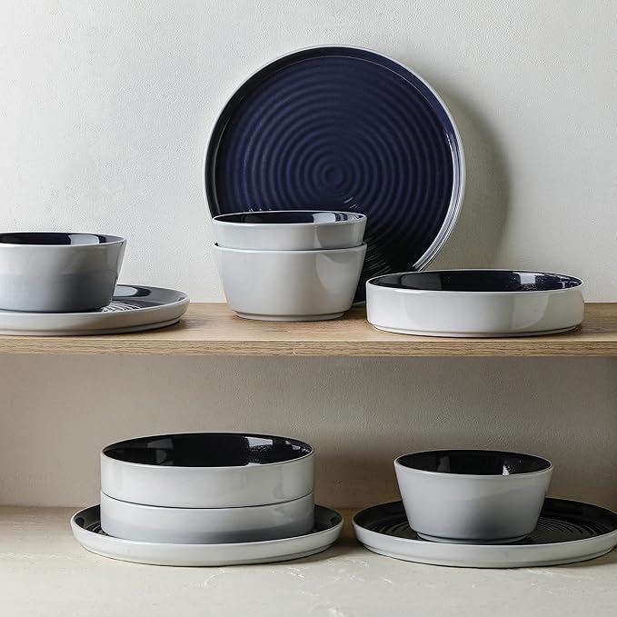 Stone Lain Elica 24-Piece Modern Dinnerware Set Stoneware, Plates and Bowl Sets for 8, Navy and White