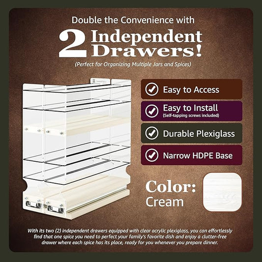 Vertical Spice - Narrow Pullout Spice Rack - Sliding Drawer for Kitchen Organization - Pantry Organizers and Storage - 2 Drawers & 2 Tiers - 20 Spice Jar Capacity (4.6" W x 10.75" H x 10.6" D, Cream)