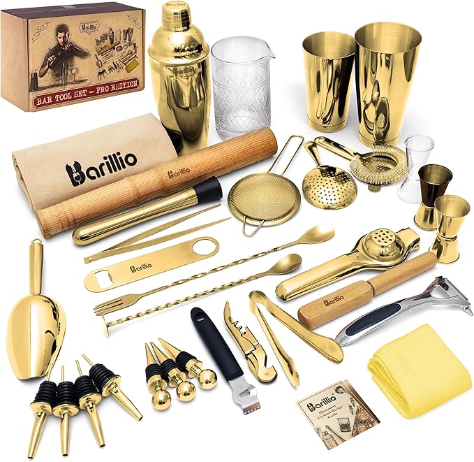 Barillio Bar Tool Set Pro Edition - Gold Stainless-Steel Cocktail Shaker Set - Mixology Bartender Kit w/Boston Shaker, Drink Mixer & Muddler for Cocktails - Home Bar Accessories - 32-Pc Bar kit