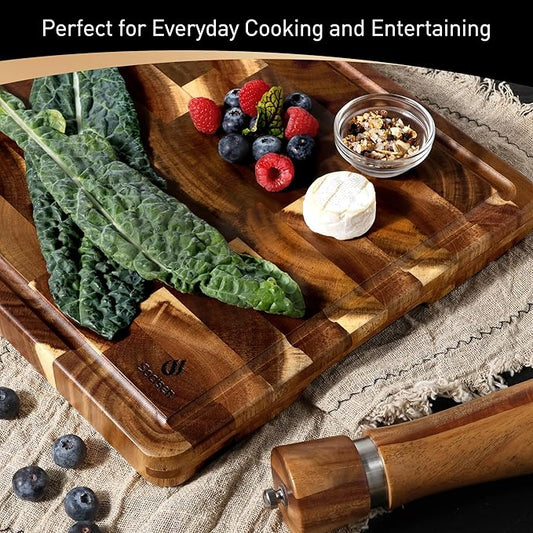 Extra Large End Grain Cutting Board for Kitchen with Non-slip Feet, Acacia Wood Heavy Duty Checkered Cutting Board Handcrafted Luxury Chopping Board for Cheese and Vegetables Housewarming Gift