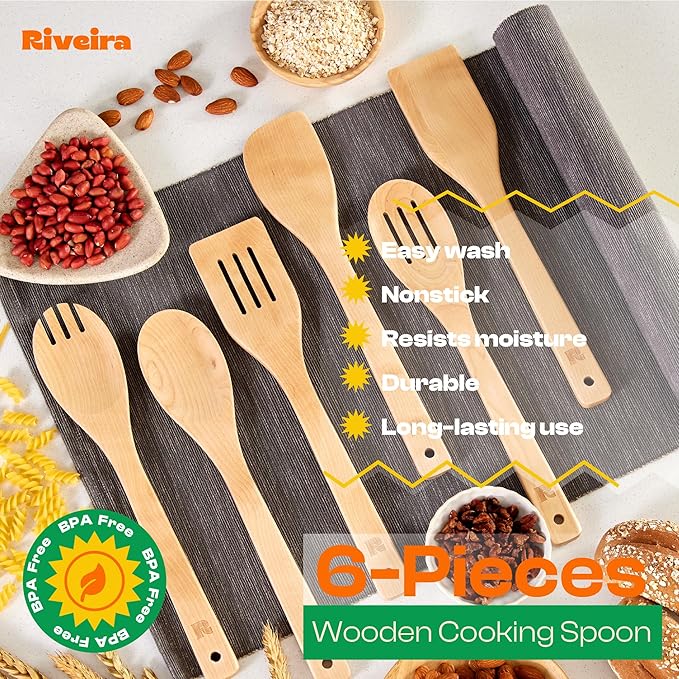 Riveira Maple Wooden Cooking Utensils Set of 6 Premium Non-Toxic Wooden Spoons & Spatula for Cooking