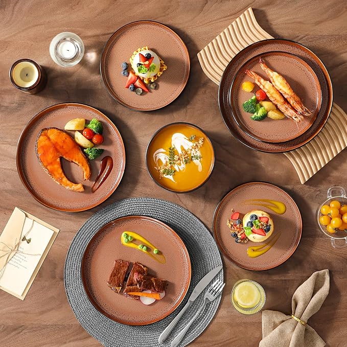 vancasso Plates and Bowls Sets, 24 Pieces Stoneware Dinnerware Sets for 8, Kitchen Dish Set Mircowave and Dishwasher Safe Ceramic Dishware, Dark Brown, Series AMBER