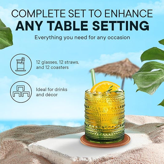12 OZ Hobnail Drinking Set of 12 – Vintage Embossed Glassware, Textured Tumblers for Water, Beer, Cocktails, Mocktails, Whiskey & More – Includes Straws and Coasters – Green