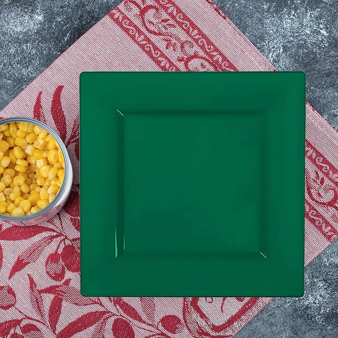 Smarty Had A Party Disposable Plastic Dinnerware, 6.5" Heavy Duty Square Hunter Green Plates for Cakes and Parties, Bulk Supplies for All Occasions (120 Count)