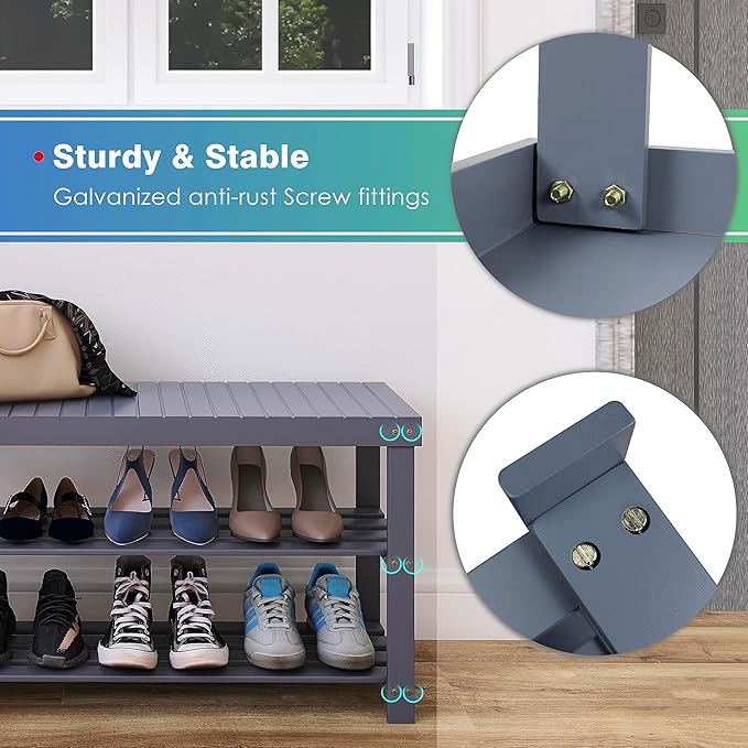 SMIBUY Bamboo Shoe Rack Bench, 3-Tier Shoe Organizer Storage Shelf for Entryway Hallway Bathroom Living Room (Grey)