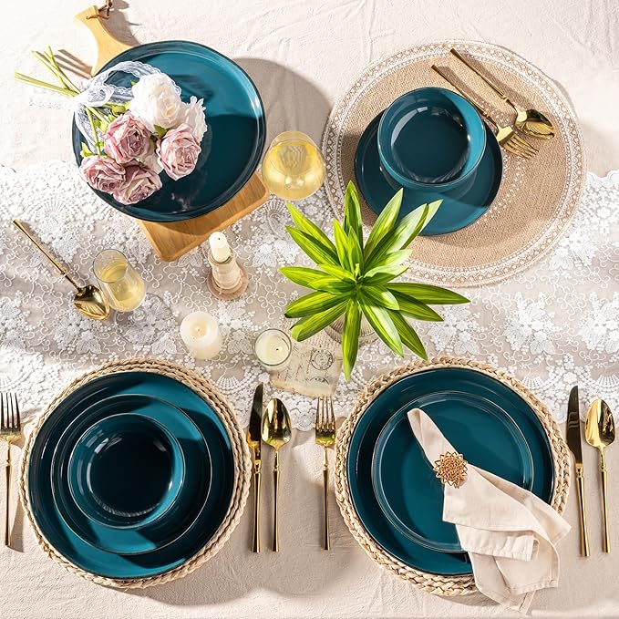 AmorArc Ceramic Dinnerware Sets for 4, 12 Pieces Handpainted Plates and Bowls Set with Rustic Terracotta Underside, Scratch Resistant Stoneware Dishes Set, Dishwasher & Microwave Safe