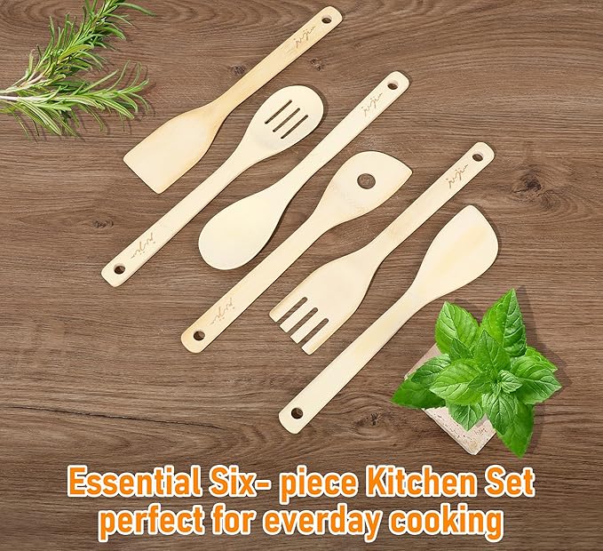 Wooden Spoons & Spatulas 6-Piece Bamboo Kitchen Utensil Set - Natural Material Scraper & Strainer Cooking Tools