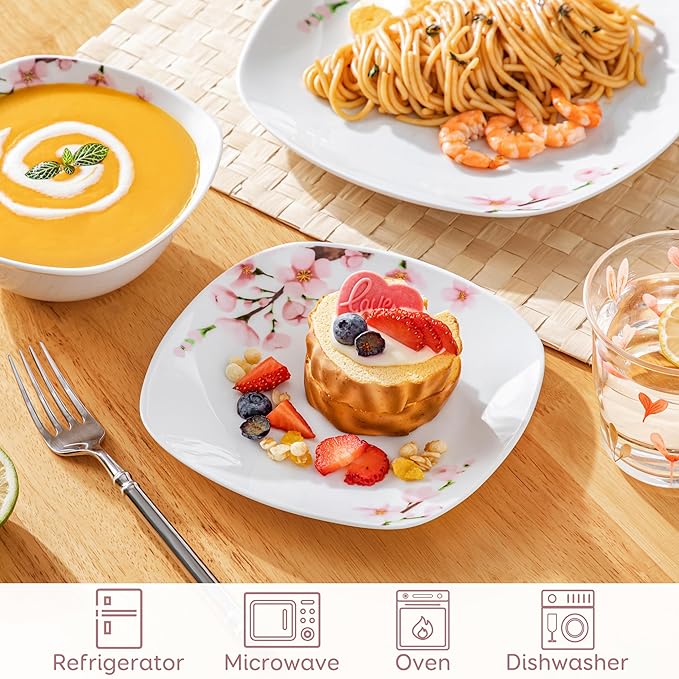 VEWEET Porcelain Dinnerware Set with Pink Floral, 12 PCS Including Dinner Plates, Dessert Plates and Cereal Bowls, Series Annie