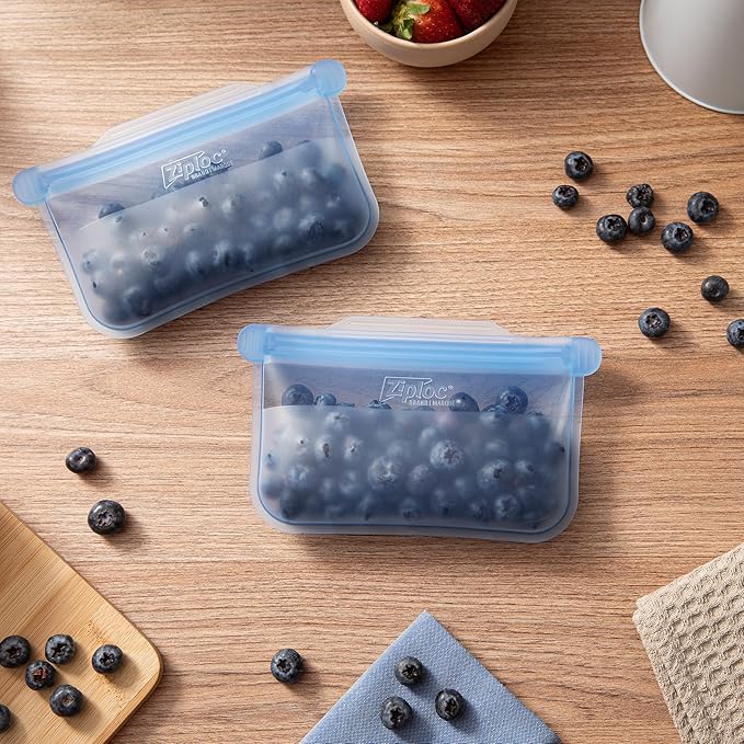 Ziploc Endurables Small Pouch, 1 Cup, Reusable Silicone Bags and Food Storage Meal Prep Containers for Freezer, Oven, and Microwave, Dishwasher Safe, 2 Pack