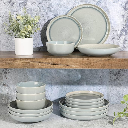Gibson Elite Juno Moon 16-Piece Reactive Blue Double Bowl Dinnerware Set – Durable Stoneware Plates and Bowls