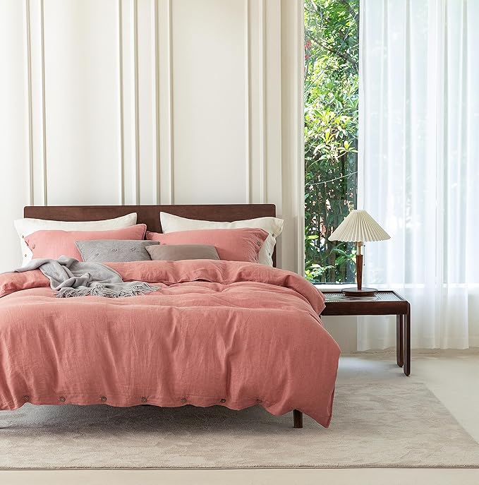 EVERLY 100% Pure Linen Duvet Cover Set King Size 104X90Inch 3pcs (1 Duvet Cover,2 Pillowcases) Soft and Breathable for All Season with Coconut Button Closure, Suitable for Hot Sleepers-Pink-King