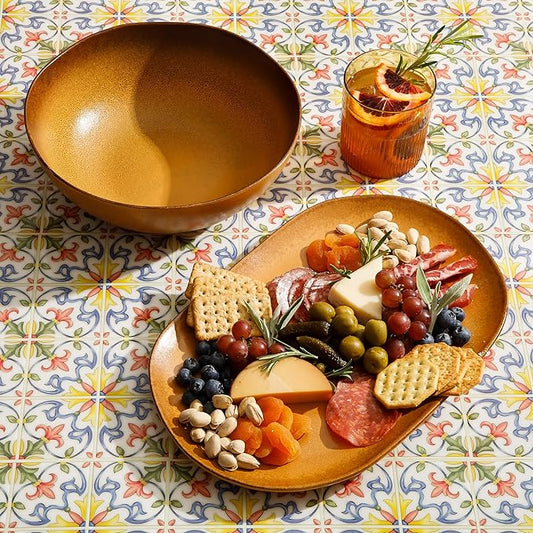 Bloomhouse - Two Time Oprah's Favorite Things Winner - Palermo Sun 2 Piece Serving Bowl and Oval Platter Stoneware Reactive Glaze Serveware Set - Turmeric Yellow