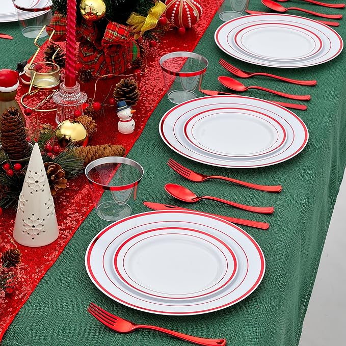 300PCS Christmas Plates Dinnerware, Red Dinnerware Set for 50 Guests, White and Red Christmas Disposable Plates for Party-50 Dinner Platos,Dessert Plates, Silverware Set