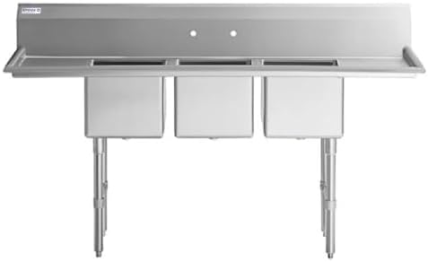 79" Wide Stainless Steel Three Compartment Commercial Sink | Utility 15" x 15" Bowl for Restaurant Laundry Garage | (2) 15" Drainboard, 9.75" Backsplash, 79"W x 20.5"D x 44.25"H, 16 Gauge, NSF