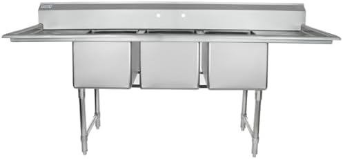 88" Wide Stainless Steel Three Compartment Commercial Sink | Prep Utility 16" x 20" Bowl for Restaurant Laundry | (2) 18" Drainboard, 9.75" Backsplash, 88"W x 25.5"D x 44.25"H, 16 Gauge, NSF