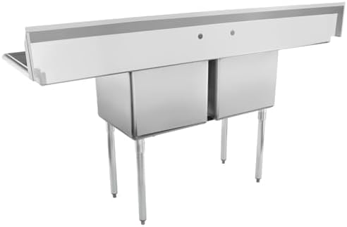74" Wide Stainless Steel Two Compartment Commercial Sink | Prep Utility 18 x 18 Bowl for Restaurant Laundry Garage | (2) 18" Drainboard, 9.75" Backsplash, 74"W x 23.5"D x 44.25"H, 18 Gauge, NSF