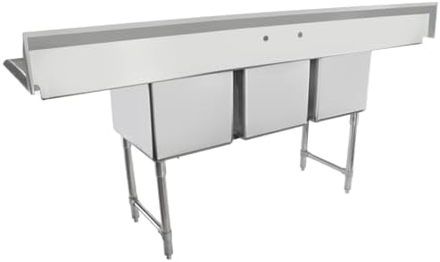 88" Wide Stainless Steel Three Compartment Commercial Sink | Prep Utility 16" x 20" Bowl for Restaurant Laundry | (2) 18" Drainboard, 9.75" Backsplash, 88"W x 25.5"D x 44.25"H, 16 Gauge, NSF