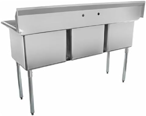 63" Wide Stainless Steel Three Compartment Commercial Sink | Prep Utility 18 x 18 Bowl for Catering Laundry Garage | 3.5" Drain Basket, 9.75" Backsplash, 63"W x 23.5"D x 44.25"H, 18 Gauge, NSF