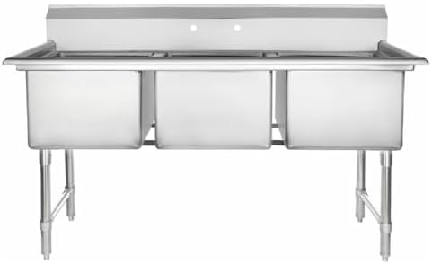 63" Wide Stainless Steel Three Compartment Commercial Sink | Prep Utility 18" x 18" Bowl for Restaurant Laundry | 3.5" Drain Basket, 9.75" Backsplash, 63"W x 23.5"D x 44.25"H, 16 Gauge, NSF