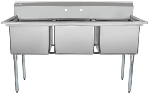 63" Wide Stainless Steel Three Compartment Commercial Sink | Prep Utility 18 x 18 Bowl for Catering Laundry Garage | 3.5" Drain Basket, 9.75" Backsplash, 63"W x 23.5"D x 44.25"H, 18 Gauge, NSF
