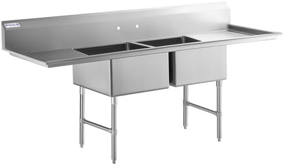98" Wide Stainless Steel Two Compartment Commercial Sink | Utility 24" x 24" Bowl for Restaurant Laundry Garage | (2) 24" Drainboard, 9.75" Backsplash, 98"W x 29.5"D x 44.25"H, 16 Gauge, NSF