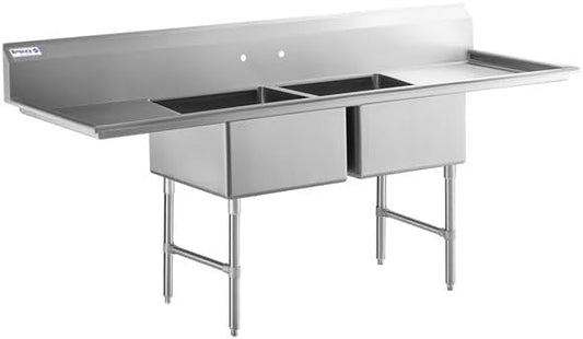 98" Wide Stainless Steel Two Compartment Commercial Sink | Utility 24" x 24" Bowl for Restaurant Laundry Garage | (2) 24" Drainboard, 9.75" Backsplash, 98"W x 29.5"D x 44.25"H, 16 Gauge, NSF