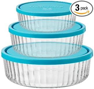 Bormioli Rocco Frigoverre Brilliante 3 Piece Set, Ribbed Round Glass Containers with Silicone Covers - Scratch-Resistant Nesting Bowls for Storage or Prep - 13.25oz, 27.75oz & 51.75oz