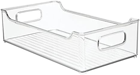 mDesign Wide Plastic Kitchen Storage Container Bins with Handles -Organization in Pantry, Cabinet, Refrigerator or Freezer Shelves - Food Organizer for Fruit, Yogurt, Squeeze Pouches - 4 Pack - Clear
