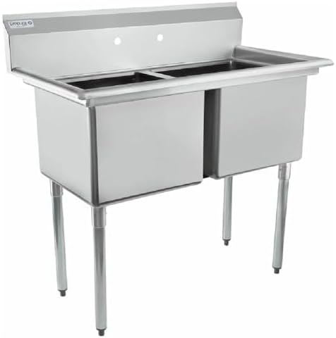 43" Wide Stainless Steel Two Compartment Commercial Sink | Prep Utility 18 x 18 Bowl for Restaurant Laundry Garage | 3.5" Drain Basket, 9.75" Backsplash, 43"W x 23.5"D x 44.25"H, 18 Gauge, NSF