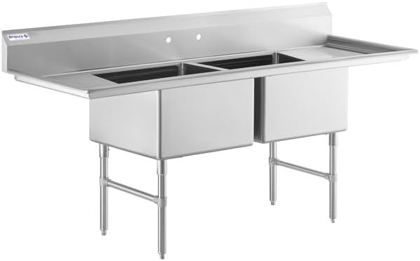 94" Wide Stainless Steel Two Compartment Commercial Sink | Utility 24" x 24" Bowl for Restaurant Laundry Garage | (2) 18" Drainboard, 9.75" Backsplash, 94"W x 29.5"D x 44.25"H, 16 Gauge, NSF