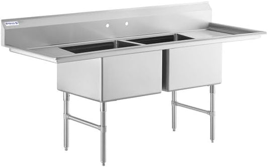 94" Wide Stainless Steel Two Compartment Commercial Sink | Utility 24" x 24" Bowl for Restaurant Laundry Garage | (2) 18" Drainboard, 9.75" Backsplash, 94"W x 29.5"D x 44.25"H, 16 Gauge, NSF