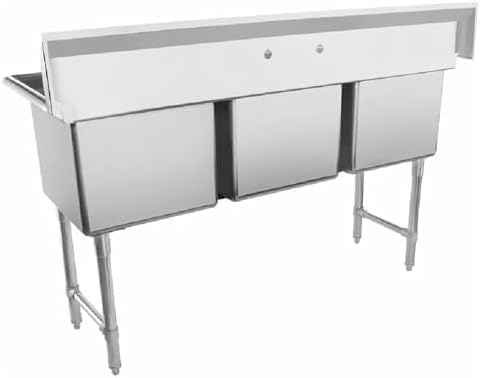 63" Wide Stainless Steel Three Compartment Commercial Sink | Prep Utility 18" x 18" Bowl for Restaurant Laundry | 3.5" Drain Basket, 9.75" Backsplash, 63"W x 23.5"D x 44.25"H, 16 Gauge, NSF