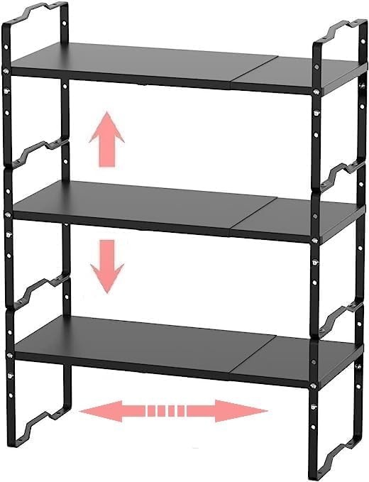 Expandable Shelf for Cabinet Organizer Adjustable Stackable Spice Rack at Kitchen and Bathroom More, Counter Countertop Cupboard Organization Pantry Storage(MEDIUM/3PACKS/BLACK)
