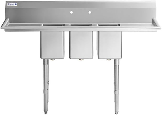 98" Wide Stainless Steel Three Compartment Commercial Sink | Utility 10" x 14" Bowl for Restaurant Laundry Garage | (2) 12" Drainboard, 9.75" Backsplash, 98"W x 29.5"D x 44.25"H, 16 Gauge, NSF