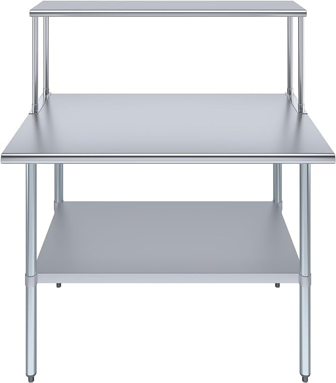 Stainless Steel Work Table with Wide Single Tier Overshelf | Metal Kitchen Prep Table & Shelving Combo (30" x 48" Work Table + 12" Overshelf)