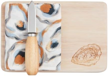 Mud Pie 6" x 9" | knife 6" | towel 26" x 16 1/2" Oyster Shuck Board Set, Brown