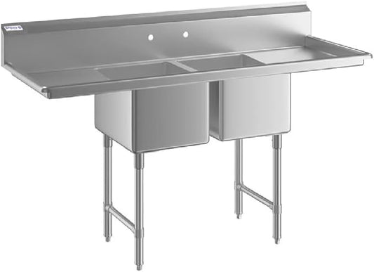 74" Wide Stainless Steel Two Compartment Commercial Sink | Utility 18" x 18" Bowl for Restaurant Laundry Garage | (2) 18" Drainboard, 9.75" Backsplash, 74"W x 23.5"D x 44.25"H, 16 Gauge, NSF