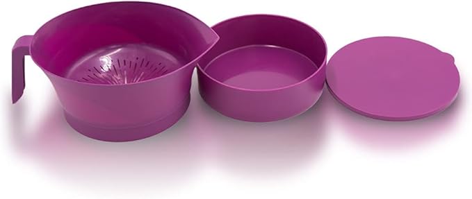 Colander Grease Strainer With Handle And Container, Catch Bowl With Lid 3 Piece Strain Set | Strains Ground Beef, Bacon & Pasta | Safe Kitchen Gadget BPA Free | Made In The USA (Purple)
