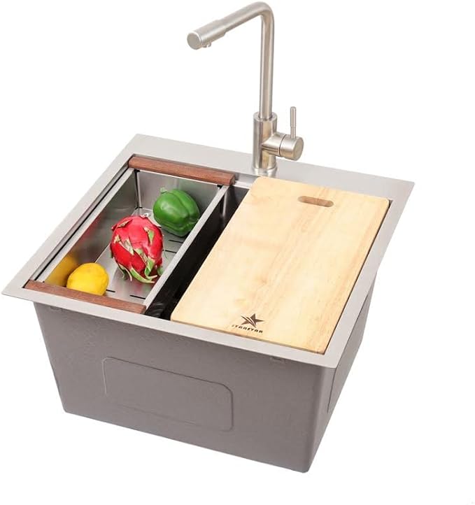 STARSTAR Workstation Ledge Topmount/Drop-in Single Bowl 304 Stainless Steel Kitchen/Yard/Bar/Laundry/Office Sink, With Grid, Colander, Cutting Board, Strainer (22 x 22 x 12-Wood Colander)