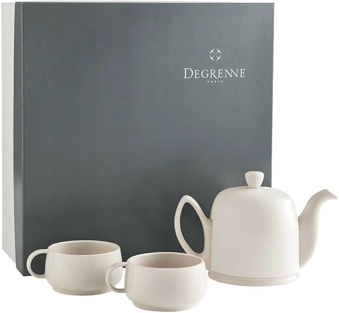 DEGRENNE Luxury French Tea Set - Porcelain Teapot Set with 2 Tea Cups, Ceramic Kettle for Loose Tea, Stainless Steel Cover, Removable Infuser - Monochrome Pink Nude