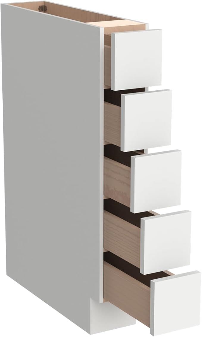 Solid Wood 5-Drawer Spice Cabinet for Kitchen, Soft Close Drawer Glides, Freestanding Storage Organizer, Fits 6" Base Cabinets, Natural Birch Wood (SK-Origami White, 6" W x 24" D x 34.5" H)