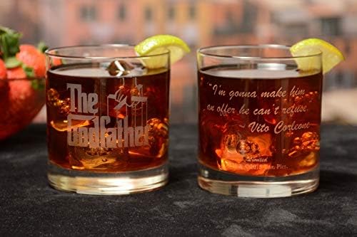 Official Godfather Etched Rocks Whiskey Glass - with Logo & Quote "I don't like violence Tom. I'm a businessman" - Premium Quality, Handcrafted Glassware, 11oz. A Collectible Gift