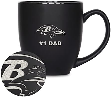 Rico Industries NFL Football #1 Dad 15oz Laser Engraved Matte Black Ceramic Bistro Mug - for Hot or Cold Drinks