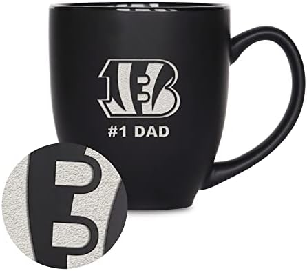 Rico Industries NFL Football #1 Dad 15oz Laser Engraved Matte Black Ceramic Bistro Mug - for Hot or Cold Drinks