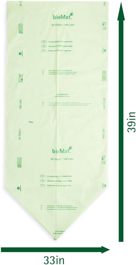 bioMat 35 Gallon Compostable Compost Liners, 30 Count, BPI ASTM D6400 and CMA Certified, Large Compost Bags for Compost Bin